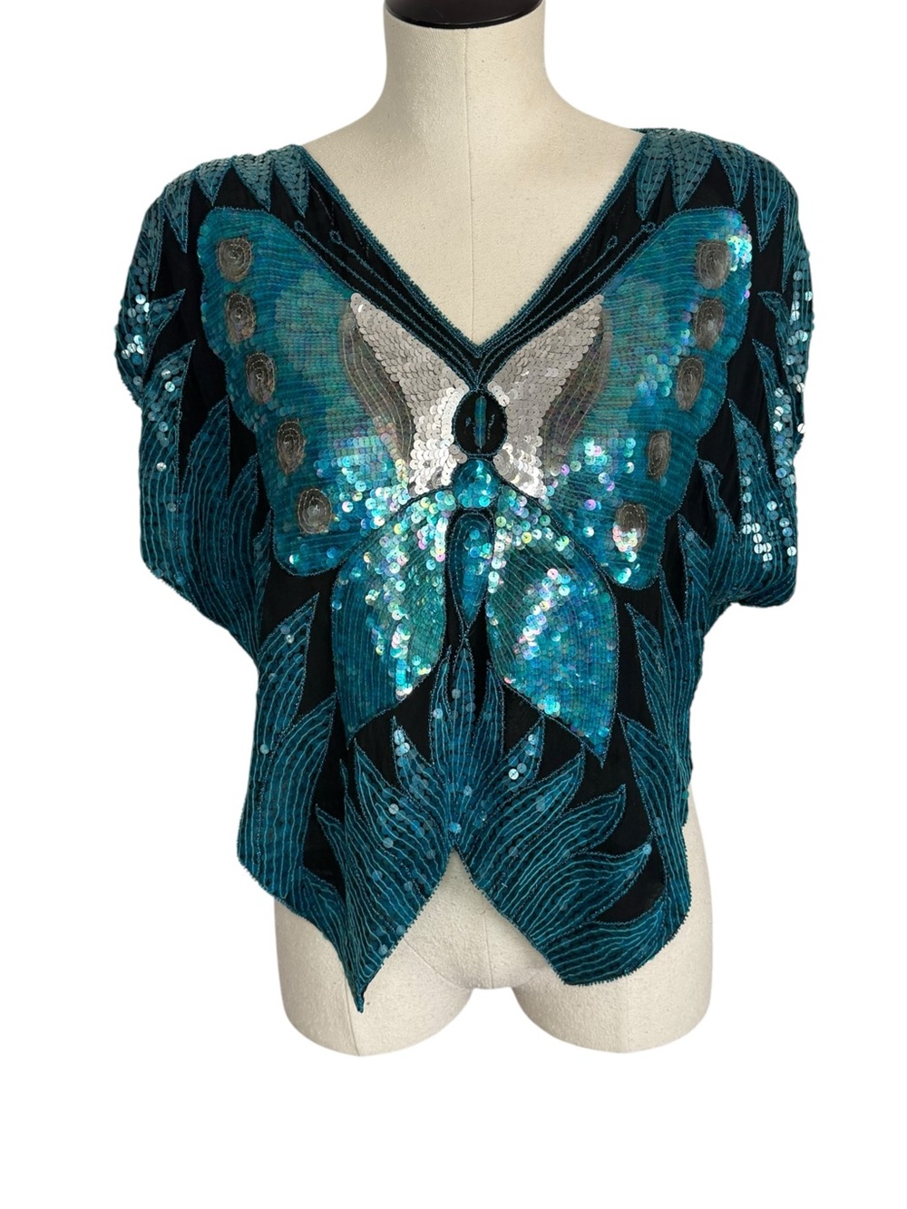 Vintage Silk Sequin Butterfly Top Festival 70s Disco Party Blouse Pullover